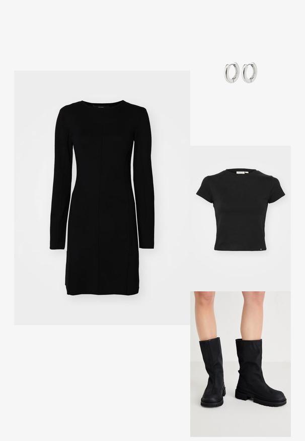 Črna kratka bomber jakna iz teksturirane usnjene tkanine z rebrastimi manšetami, ki vključuje dva žepa s poklopcem in zadrgo na sprednji strani.; Črna majica s kratkimi rokavi iz bombaža, z okroglim izrezom, prilegajočim krojem in majhno oznako logotipa na robu.; Črna dolgo rokav obleka iz rebraste tkanine. Ima prilegajoč silhueto, okroglo izrez in osrednji šiv.; Črne škornje do kolen iz gladkega tekstilnega materiala z debelim gumijastim podplatom, ki se odlikujejo po minimalističnem dizajnu in diskretnih šivih.; Srebrni obročasti uhani s poliranim finišom, ki se ponašajo s krožno zasnovo in brezšivnimi tečaji ter gladko teksturo.