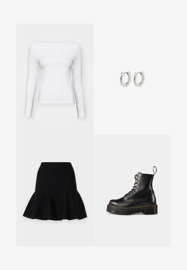 Chaqueta bomber corta negra hecha de cuero texturizado con puños acanalados, que cuenta con dos bolsillos con solapa y un cierre frontal con cremallera.; Camiseta blanca de manga larga con escote cuadrado, corte ajustado, hecha de suave material de algodón. Textura lisa, sin patrones ni acentos.; Falda negra acampanada hecha de una tela suave. Presenta una cintura ajustada y un dobladillo ondulado, creando una apariencia de capas.; Botas de tobillo negras de cuero con cordones, con una suela negra gruesa y costuras amarillas. Presentan una lengüeta en la parte trasera y ojales metálicos circulares.; Pendientes de aro de plata con un acabado pulido, que presentan un diseño circular y bisagras sin costuras, exhibiendo una textura suave.