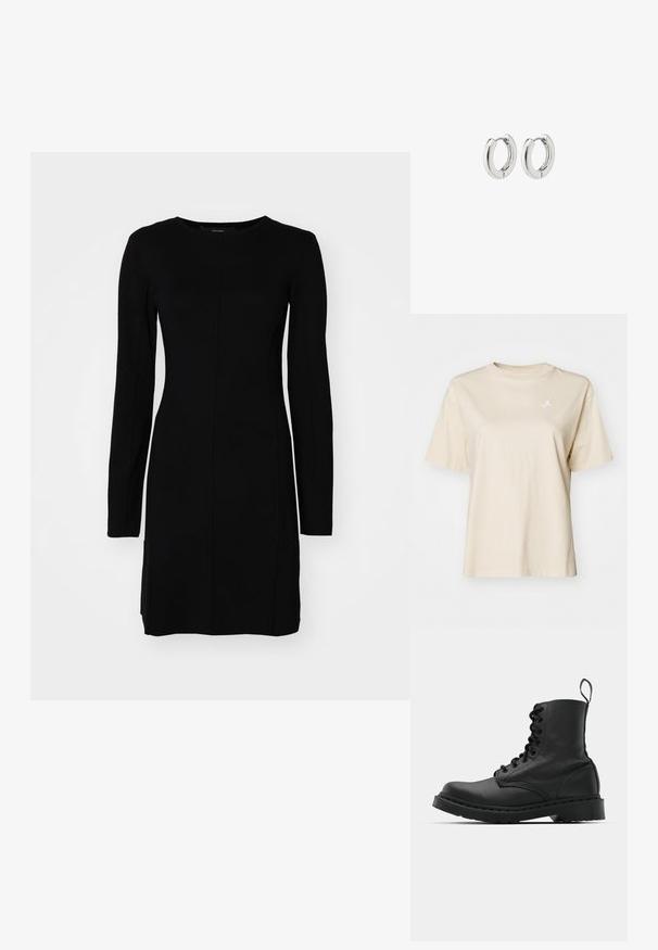 Črna kratka bomber jakna iz teksturirane usnjene tkanine z rebrastimi manšetami, ki vključuje dva žepa s poklopcem in zadrgo na sprednji strani.; Jordan TEE - Navadna majica - legend light brown/sail; Črna dolgo rokav obleka iz rebraste tkanine. Ima prilegajoč silhueto, okroglo izrez in osrednji šiv.; Črne usnjene vojaške škornje s okroglo konico, z vezalkami spredaj in z zanko na gležnju. Imajo debele gumijaste podplate za dolgo življenjsko dobo.; Srebrni obročasti uhani s poliranim finišom, ki se ponašajo s krožno zasnovo in brezšivnimi tečaji ter gladko teksturo.