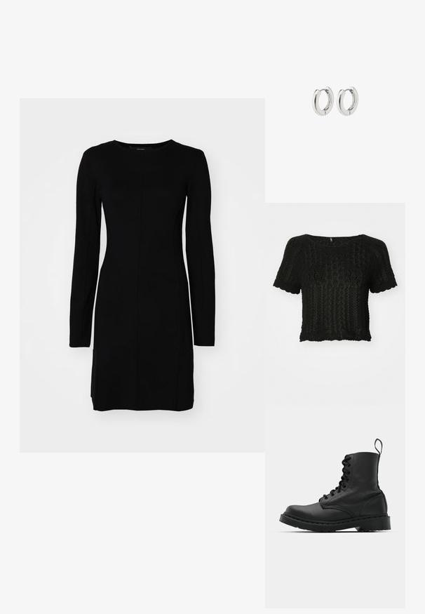 Juodas trumpas aviacijos tipo švarkas, pagamintas iš tekstūruotos odos, su raištiniais rankogaliais, turintis dvi užklotines kišenes ir priekinį užtrauktuką.; Juodas, trumpas megztinis su trumpomis rankovėmis, turintis tekstūrinį raštą su atvirais audiniais ir banguotais kraštais ant apykaklės ir rankovių.; Juoda ilgomis rankovėmis suknelė, pagaminta iš glotnių audinių. Yra prigludusi siluetas, apvalus iškirpimas ir centrinė siūlė.; Juodas odinis kovinis botas su apvalioms pirštams, šnerviniu priekiniu užsegimu ir užtraukiamu užtrauktuku prie kulkšnies. Ypatybė - storas guminis padas, užtikrinantis ilgaamžiškumą.; Sidabriniai auskarai su poliruotu paviršiumi, turintys apvalią dizaino formą ir be siūlių vyriukus, rodantys lygų paviršių.