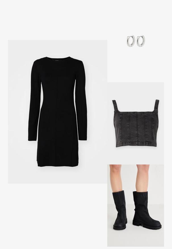 Črna kratka bomber jakna iz teksturirane usnjene tkanine z rebrastimi manšetami, ki vključuje dva žepa s poklopcem in zadrgo na sprednji strani.; Črn denim top s širokimi naramnicami, ki ima navpične šive in strukturirano prileganje. Gladka tekstura z rahlo bledim zaključkom.; Črna dolgo rokav obleka iz rebraste tkanine. Ima prilegajoč silhueto, okroglo izrez in osrednji šiv.; Črne škornje do kolen iz gladkega tekstilnega materiala z debelim gumijastim podplatom, ki se odlikujejo po minimalističnem dizajnu in diskretnih šivih.; Srebrni obročasti uhani s poliranim finišom, ki se ponašajo s krožno zasnovo in brezšivnimi tečaji ter gladko teksturo.