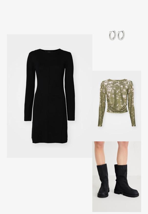 Melnā īsā bomberjakā, izgatavotā no teksturētas ādas, ar ribotiem piedurkņu galiem, divām kabatām ar atloku un priekšējo rāvējslēdzēju.; Ilga piedurkne topi olīvu zaļā krāsā ar mirdzošu sekvīru tekstūru, apaļu kakla izgriezumu un savilktām detaļām jostas daļā.; Melna garām piedurknēm kleita, kas izgatavota no ribota auduma. Iezīmēta ar pieguļošu siluetu, apaļu kakla izgriezumu un centrālo šuvju detaļām.; Melnas ceļgala augstuma zābaki, izgatavoti no gludas auduma materiāla ar biezu gumijas zoli, ar minimālistisku dizainu un diskrētām šuvēm.; Sudraba apli auskari ar spīdīgu apdari, kuriem ir apaļa forma un bezšuvju eņģes, rādot gludu virsmu.