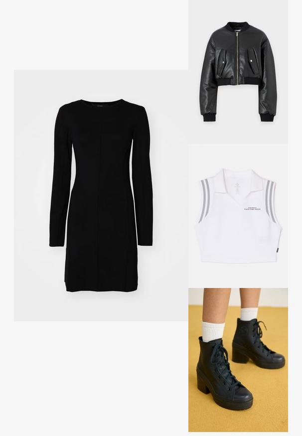 Veste bomber cropped noire en cuir texturé avec des poignets côtelés, équipée de deux poches à rabat et d'une fermeture éclair à l'avant.; Polo sans manches blanc avec un col en V, rayures grises sur les épaules et texte imprimé "Feng Chen Wang" sur le devant.; Robe noire à manches longues en tissu côtelé. Présente une silhouette ajustée, un col rond et un détail de couture central.; Baskets montantes noires avec une finition texturée, un design à lacets, un embout en caoutchouc et des talons épais, associées à des chaussettes blanches côtelées.