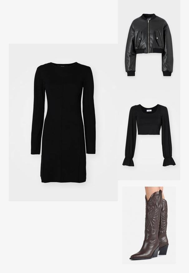 Must lõhustatud bomber-jakk, mis on valmistatud tekstureeritud nahast, ribidega varrukatega. Ees on kaks klapp-taskut ja tõmbluku sulgemine.; Musthave musta lühike top neljakandilise kaelusega, pikkade puff-siniste varrukatega ja volangkäeotsadega. Valmistatud pehmest kangast, millel on sile tekstuur.; Must have käsi ja pikkade varrukatega kleit, mis on valmistatud ribakangast. Omab vormitud siluetti, ümarat kaelust ja keskmist õmblust.; Pruunid nahast cowboy saapad terava varbaga ja plokk-kandaga, millel on detailne tikand ja kergelt tõstetud aktsendid varrel.