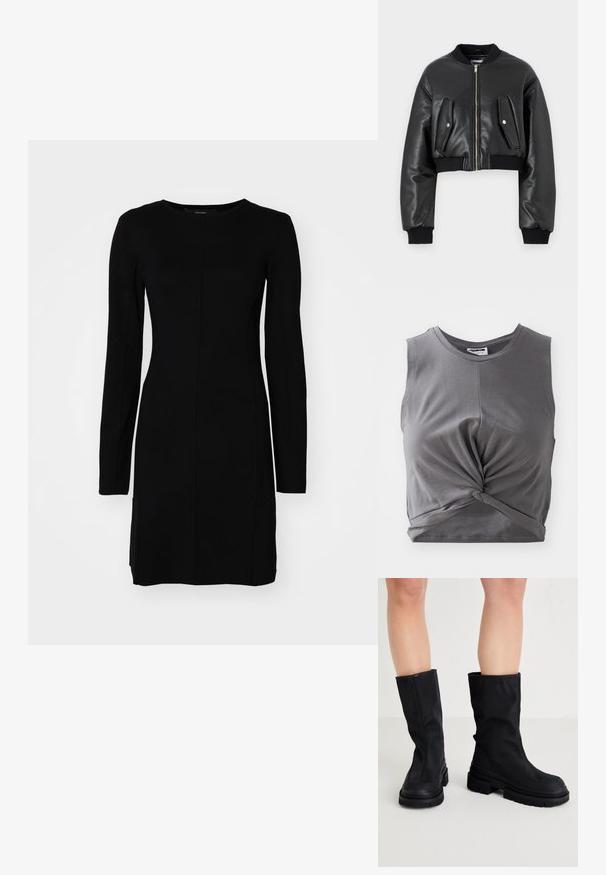 Must lõhustatud bomber-jakk, mis on valmistatud tekstureeritud nahast, ribidega varrukatega. Ees on kaks klapp-taskut ja tõmbluku sulgemine.; Halli ilma varrukatega lühike topp, mis on valmistatud pehmest puuvillast, esitleb keerutatud esiosa detaili ja sulguvat disaini. Sile tekstuur ja ümmargune kaelus.; Must have käsi ja pikkade varrukatega kleit, mis on valmistatud ribakangast. Omab vormitud siluetti, ümarat kaelust ja keskmist õmblust.; Mustad kuni põlvede saapad, mis on valmistatud siledast tekstiilist materjalist, pakuvad paksu kummist tallaga, omades minimalistlikku disaini ja peeneid õmblus detaile.