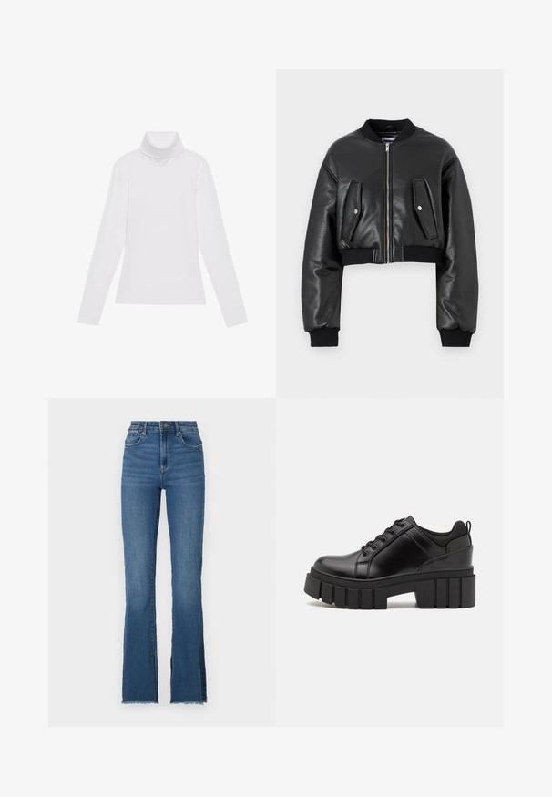 Jachetă bomber neagră scurtă, realizată din piele texturată, cu manșete ribbate, având două buzunare cu clapetă și închidere cu fermoar în față.; Tricou alb cu mâneci lungi și guler înalt, realizat dintr-un material neted și elastic. Dispune de un design ajustat, fără modele vizibile sau embellishments.; Blugi din denim albastru evazați, cu talie înaltă, cu o margine desfăcută și design cu cinci buzunare. Textură netedă cu estompare ușoară.; Pantofi cu talpă plată din piele neagră, cu toc gros, vârf rotund și design tradițional cu șireturi. Prezintă o textură netedă și detalii minime.