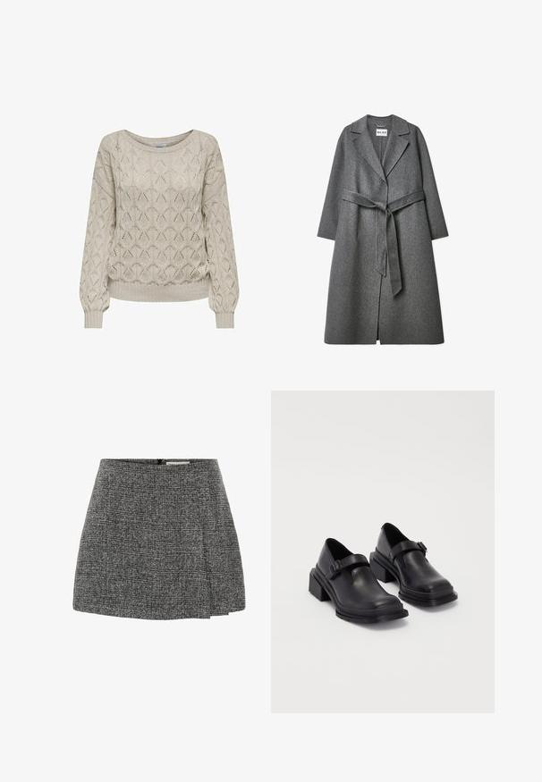 Hall tina villa seguudiga hall villane mantel, millel on kohandatud siluett, laiad kraed, pikad varrukad ja vastav vöö taljes. Omab tekstuuri pinnal.; Kerge beež villane kampsun, millel on geomeetriline muster, ribatud varrukate otstega ja lai kaelus, mis pakub tekstuurset ilmet ja mugavat istuvust.; Hall hallitatud miniseelik volditud disainiga, millel on tagaküljel diskreetne lukk. Kangas näitab kootud mustrit.; Mustad mustad jalanõud ümmarguse varbaga, tasase tallaga ja kinnitusega rihmaga, millel on pandla detail. Suure plokknina, mis tagab lisastabiilsuse.