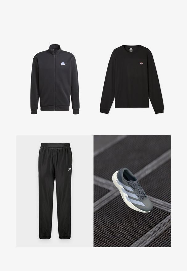 Zwarte zip-up sweatshirt van zacht materiaal, met een hoge kraag en een blauw Adidas-logo op de bovenste linkerkant.; Zwarte T-shirt met lange mouwen van katoen, met een klein multikleurig Dickies-logo op de linkerkant van de borst en geribde manchetten.; Zwarte Umbro trainingsbroek met elastische tailleband, zijzakken, toelopende pijpen en logo op de rechterdij tegen een witte achtergrond.; Sportschoen in grijs en wit, gemaakt van synthetisch materiaal, met een gestroomlijnd ontwerp, textuurafwerking en een opvallend vetersysteem.