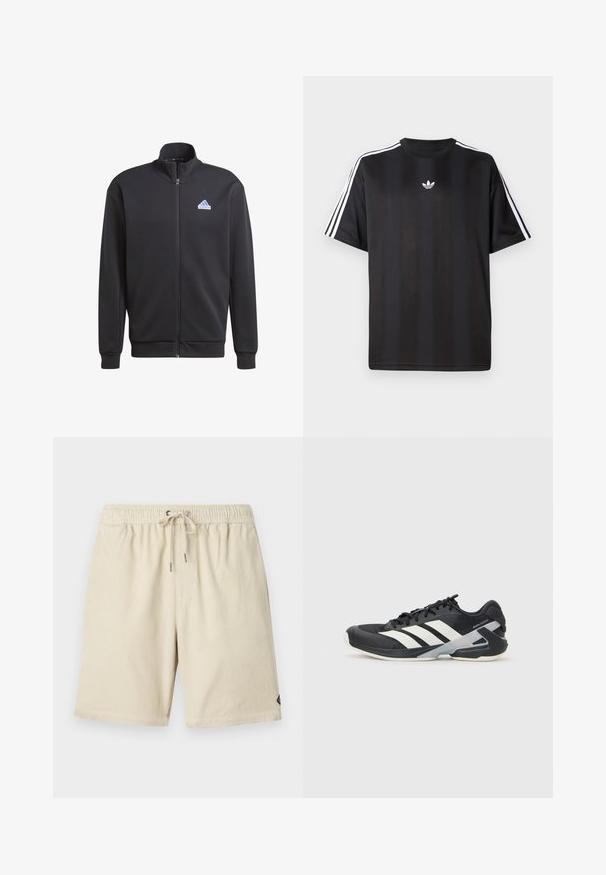 Schwarzer Zip-Hoodie aus weichem Material mit hohem Kragen und einem blauen Adidas-Logo auf der oberen linken Seite.; Schwarzes T-Shirt mit kurzen Ärmeln und weißen drei Streifen an den Schultern sowie einem kleinen weißen Logo auf der Brust. Glatte Stofftextur.; Beige Cordshorts mit elastischem Bund und Kordelzug, ausgestattet mit einer dezenten vertikalen Rippstruktur und einem kleinen Etikett an der Seite.; Schwarzer Sportschuh mit weißen Streifen, Obermaterial aus Mesh, runde Zehenform und gepolstertem Sohlenteil. Verfügt über eine strukturierte Ferse und ein sicheres Schnürsystem.