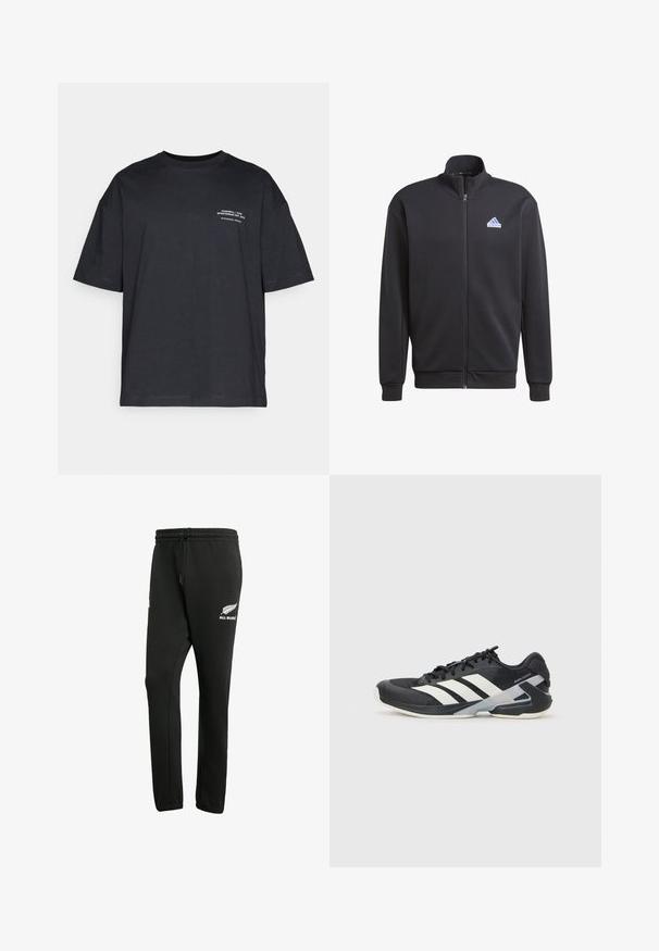 Zwarte zip-up sweatshirt van zacht materiaal, met een hoge kraag en een blauw Adidas-logo op de bovenste linkerkant.; Zwarte katoenen t-shirt met korte mouwen, ronde halslijn en witte tekstdetails aan de linkerkant. Ontspannen pasvorm, effen textuur en zonder patronen.; Zwarte sweatpants van een katoenmix, met een elastische tailleband en trekkoord, en een wit "All Blacks" logo op het linkerbeen.; Zwarte sportschoen met witte strepen, bovenwerk van mesh, ronde neus en geveerde zool. Heeft een getextureerde hak en een veilig vetersysteem.