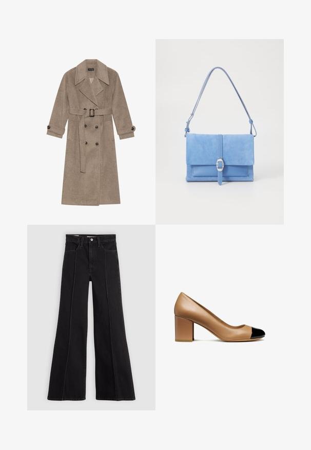 Beige wool blend trench coat with a double-breasted front, large collar, and adjustable belt. Features buttoned cuffs and side pockets.; Black knit sweater with a crew neck, long sleeves, and a cropped design. Made from a soft material with a smooth texture.; Black high-waist wide-leg jeans with front seam detailing, button closure, belt loops, and front pockets on a plain light background.; Beige leather pump with a rounded toe and a black patent cap, featuring a block heel and smooth texture.; Blue suede handbag with a smooth leather base, fold-over flap, silver buckle detail, and a long adjustable strap.