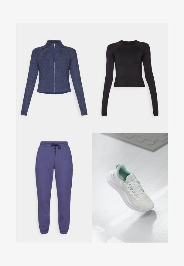 Marineblaue Zip-Jacke mit hohem Kragen. Aus texturiertem Stoff mit einem dezenten glitzernden Finish gefertigt. Taillierter Schnitt und lange Ärmel.; Schwarzes langärmeliges Crop-Top aus dehnbarem Material, mit rundem Halsausschnitt und Raglanärmeln mit dezenten Nahtdetails.; Lila Jogginghosen aus weichem Stoff, mit einem elastischen Bund mit Kordelzug und Bündchen an den Knöcheln.; Hellgraue Sportchuhe mit einem strukturierten Strickoberteil, mintgrünen Akzenten, weißen Schnürsenkeln, Gummisohle und einer Schlaufe an der Ferse.