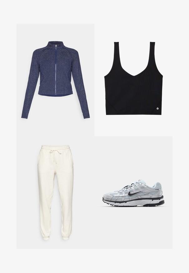 Marineblaue Zip-Jacke mit hohem Kragen. Aus texturiertem Stoff mit einem dezenten glitzernden Finish gefertigt. Taillierter Schnitt und lange Ärmel.; Schwarzer Sport-BH mit breiten Trägern, einem V-Ausschnitt-Design, strukturiertem Stoff und Logodetail am Saum. Glatte Oberfläche, minimalistischer Stil.; Helle beige Sweatpants aus weichem Stoff, mit einem elastischen Bund und Kordelzug, seitlichen Taschen und Bündchen an den Knöcheln.; Nike P-6000 Sneakers mit einem Obermaterial aus leichtem grauem Mesh, schwarzen Akzenten und einer langlebigen schwarzen Gummisohle. Verfügt über ein komplexes Design und ein Schnürsystem.