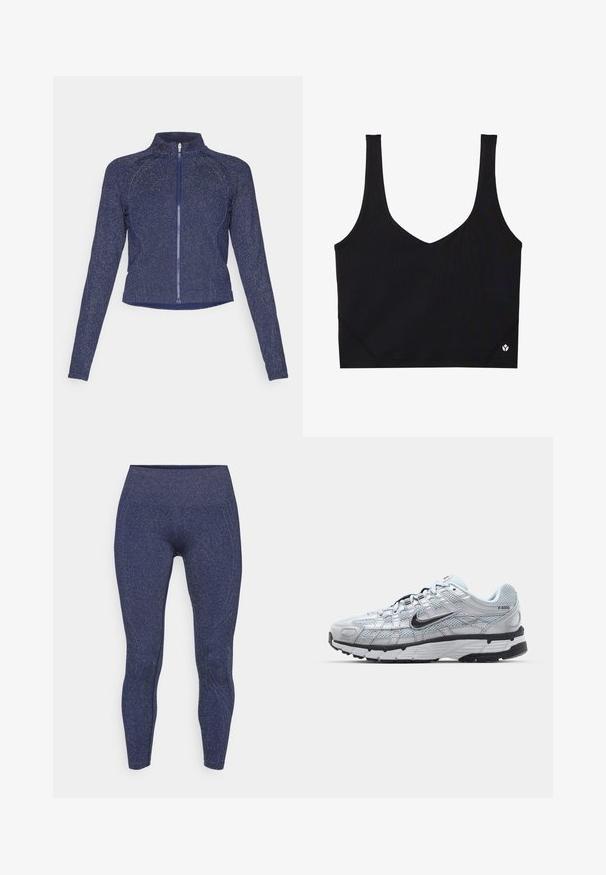 Námořnická zipová bunda s vysokým límcem. Vyrobena z texturované tkaniny s jemným lesklým povrchem. Upnutý střih a dlouhé rukávy.; Černá sportovní podprsenka s širokými ramínky, designem do V, strukturovanou tkaninou a detailem loga na lemu. Hladký povrch, minimalistický styl.; Námořnické modré legíny s texturovaným, třpytivým povrchem. Mají vysoký pas a prošití, které vytváří přiléhavý siluetu.; Tenisky Nike P-6000 s lehkou šedou síťovinou, černými akcenty a odolnou černou gumovou podrážkou. Vyznačují se složitým designem a systémem šněrování.