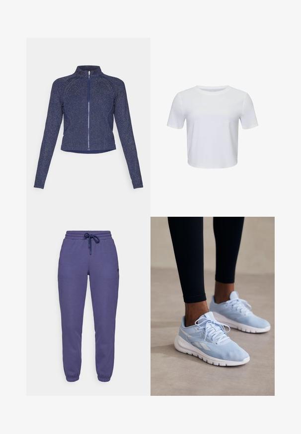 Navy zip jacket with a high collar. Made of textured fabric with a subtle sparkly finish. Fitted design and long sleeves.; White cropped t-shirt with short sleeves, round neckline, smooth texture, and subtle stitching detail at the hem. Lightweight material.; Purple sweatpants made of soft fabric, featuring an elasticated waistband with drawstring and cuffed ankle hems.; Light blue athletic sneakers with mesh fabric, padded collar, and white sole. Features laces and side stripes in a contrasting white.