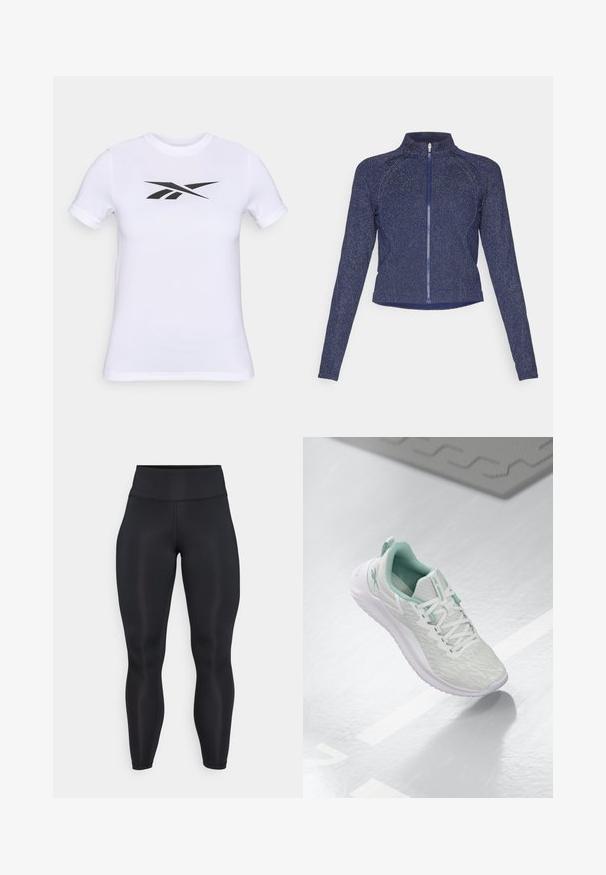 Tummansininen vetoketjullinen takki, jossa on korkea kaulus. Valmistettu teksturoidusta kankaasta, jossa on hienovarainen kimalteleva viimeistely. Muotoiltu malli ja pitkät hihat.; Valkoinen lyhythihainen t-paita, joka on valmistettu sileästä kankaasta. Paidassa on keskellä suuri musta logo. Yksinkertainen pyöreä pääntie.; Mustat korkeavyötäröiset täysimittaiset legginsit, joissa on sileä kangas ja näkyvät saumat edessä ja vyötäröllä.; Vaaleanharmaa urheilujalkine, jossa on teksturoitu neulepäällinen, mintunvihreät yksityiskohdat, valkoiset nauhat, kumipohja ja vetolenkki kannassa.