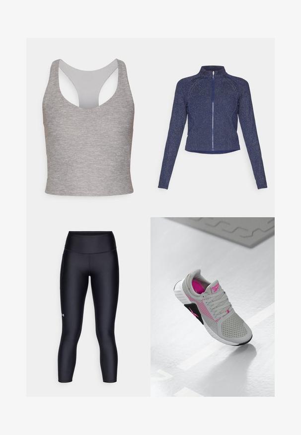 Jachetă zip de culoare bleumarin cu guler înalt. Confecționată dintr-un material texturat cu un finisaj discret strălucitor. Design ajustat și mâneci lungi.; Top gri fără mâneci, scurt, cu un guler rotund larg și un spate decupat. Confecționat dintr-un material moale, elastic, cu o textură netedă.; Colanți negri dintr-un material neted și elastic. Design cu talie înaltă, ajustat pe corp, având un logo mic pe piciorul stâng.; Adidași sport Reebok gri și roz, cu partea superioară din plasă și talpă detaliată, expuși pe o suprafață albă reflexivă.