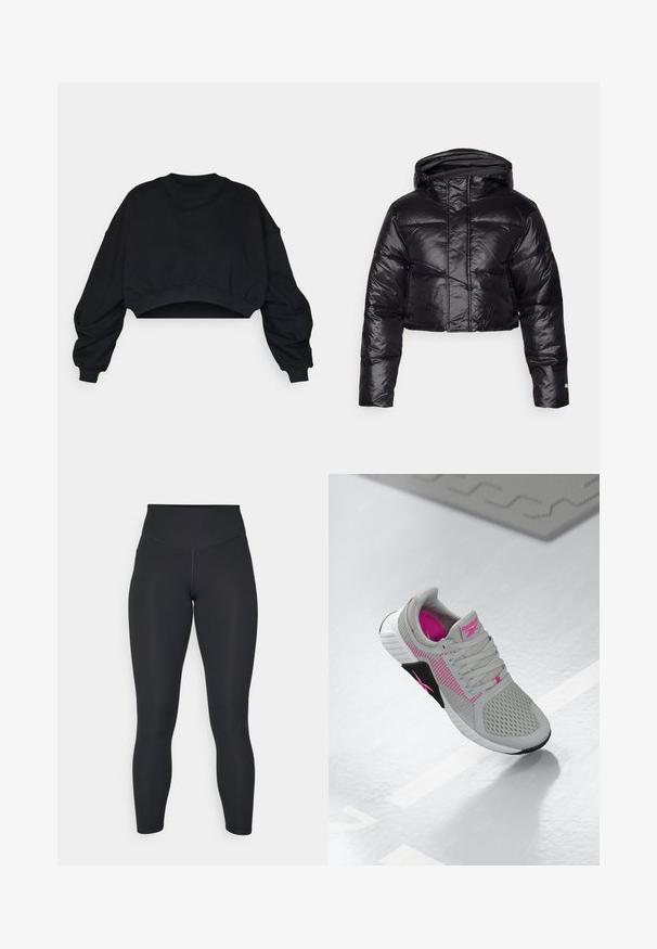 Cropped black puffer jacket with a shiny finish, a hood, and horizontal quilted pattern. Features elastic cuffs and a front zipper.; Black cropped sweatshirt with long, voluminous sleeves and a round neckline. Made of soft cotton material, featuring ribbed cuffs and hem.; Black leggings with a high waist, smooth texture, and fitted design. Features flat seams and full-length coverage with no patterns.; Gray and pink Reebok athletic sneaker with mesh upper and detailed sole, displayed on a reflective white surface.