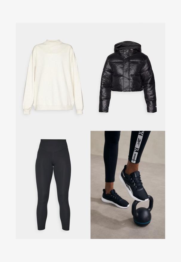 Giacca a vento nera corta con finitura lucida, cappuccio e motivo a quadri orizzontali. Presenta polsini elasticizzati e una zip frontale.; Sweatshirt color crema con un collo alto, spalle abbassate e maniche lunghe. Presenta la parola "Fabletics" in caratteri chiari sulla parte frontale.; Maglietta grigia a maniche lunghe realizzata in materiale morbido, con un semplice scollo tondo e dettagli arricciati sui lati.; Leggings neri con vita alta, texture liscia e design aderente. Presentano cuciture piatte e copertura completa senza motivi.; Scarpe sportive nere con una parte superiore testurizzata, suola bianca e dettagli grigi, posizionate su un kettlebell nero con una striscia blu, su uno sfondo neutro.