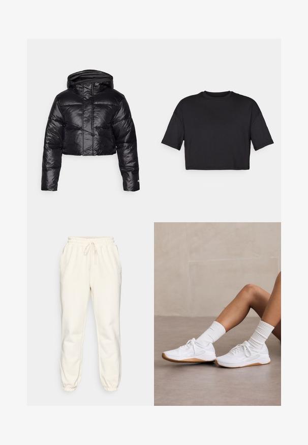 Chaqueta acolchada corta negra con un acabado brillante, capucha y patrón de acolchado horizontal. Cuenta con puños elásticos y un cierre frontal con cremallera.; Camiseta negra corta hecha de tejido suave, con un escote redondo y mangas cortas y amplias, con un diseño simple y sin costuras.; Sudadera de color crema hecha de tejido suave, con cinturilla elástica y cordón, bolsillos laterales y puños ajustados en los tobillos.; Zapatillas deportivas blancas con un empeine texturizado, con suela de goma crujiente, combinadas con calcetines blancos de canalé. Diseño sencillo de cordones.
