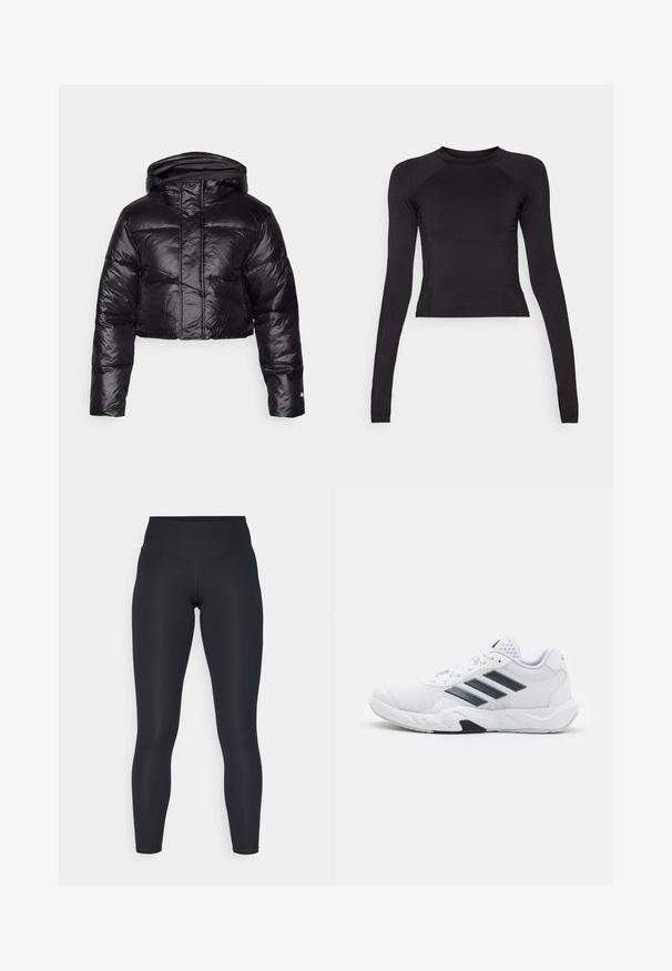 Fekete, fényes felületű, cropped pehelydzseki kapucnival és vízszintes steppelt mintával. Rugalmas mandzsettákkal és elöl cipzárral rendelkezik.; Fekete, hosszú ujjas cropped felső rugalmas anyagból, kerek nyakkivágással és úgynevezett raglán ujjakra, finom varrási részletekkel.; Fekete leggings rugalmas anyagból, magas derékkal, sima textúrával és testhez simuló szabással. Nincsenek látható minták vagy fémalkatrészek.; Fehér sportcipő, hálós felsőrésszel, az oldalon három fekete csíkkal, textúrázott részletekkel és egy tartós gumi talppal, amelynek ellentétes fekete szakasza van.