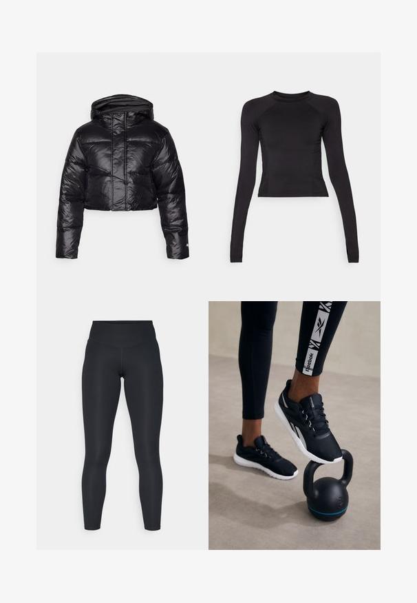 Izgriezta melna pūkainā jakas ar spīdīgu apdari, ar kapuci un horizontālu paklāju rakstu. Iekļauj elastīgus piedurkņu galus un priekšējo rāvējslēdzēju.; Melna garo piedurkņu crop top blūze, izgatavota no elastīga auduma, ar apaļu kakla izgriezumu un raglan piedurknēm, kurām ir nemanāma šuvju detaļas.; Melni legingi, kas izgatavoti no elastīga auduma, ar augstu jostas vietu, gludu virsmu un ķermeni pieguļošu piegriezumu. Nav redzamu rakstu vai detaļu.; Melni sporta apavi ar struktūrētu augšdaļu, balto zoli un pelēkiem akcentiem, novietoti uz melna kettlebella ar zilā svītru, uz neitrāla fona.