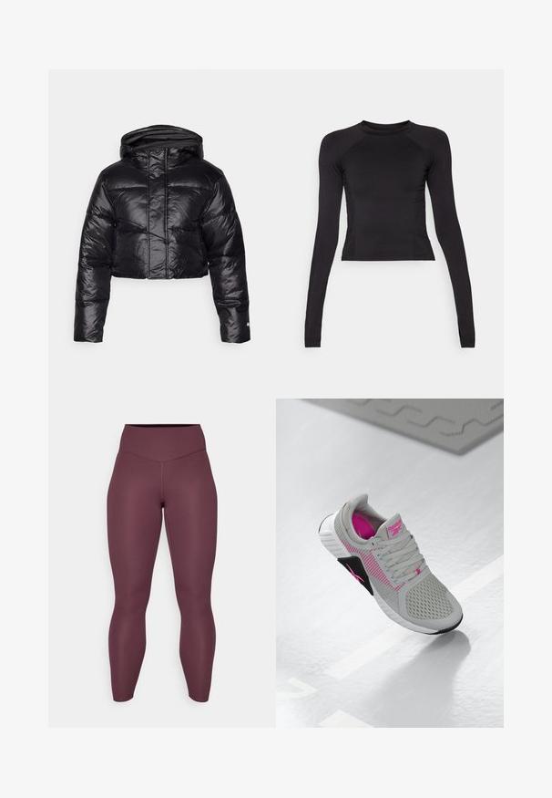 Cropped black puffer jacket with a shiny finish, a hood, and horizontal quilted pattern. Features elastic cuffs and a front zipper.; Black long-sleeve crop top made of stretchy fabric, featuring a round neckline and raglan sleeves with subtle seam detailing.; Maroon leggings made of stretchy fabric; high waistband, fitted design, smooth texture, seamless stitching, and no visible patterns or accents.; Gray and pink Reebok athletic sneaker with mesh upper and detailed sole, displayed on a reflective white surface.