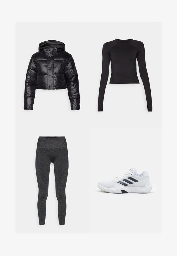 Afskåret sort pufferjakke med en blank finish, hætte og horisontal quiltet mønster. Har elastiske manchetter og en frontlynlås.; Sort langærmet crop top lavet af strækbart stof, med rund halsudskæring og raglanærmer med diskrete sømdetaljer.; Sorte leggings med en skinnende, tekstureret overflade, høj talje og konturerede sømme for et tætsiddende design. Velegnet til aktivitetsbeklædning.; Hvid atletisk sko med mesh-overdel, tre sorte striber på siden, strukturerede accenter og en robust gummisål med et kontrasterende sort område.