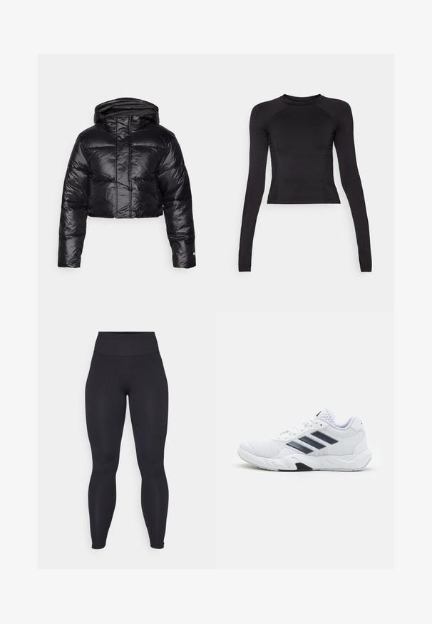 Kurt svart boblejakke med en blank finish, hette og horisontal quiltet mønster. Har elastiske mansjetter og glidelås foran.; Svart langermet crop top laget av elastisk stoff, med rund halslinning og raglanermer med subtil sømdetaljering.; Sorte høyhalsede leggings laget av elastisk materiale med en jevn tekstur. Designet er kroppsnært og sømløst uten synlige logoer eller mønstre.; Hvit sportsko med mesh-overdel, tre svarte striper på siden, teksturerte detaljer og en solid gummisåle med en kontrasterende svart seksjon.