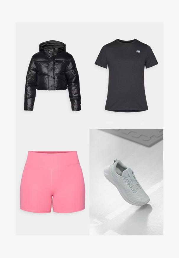 Cropped black puffer jacket with a shiny finish, a hood, and horizontal quilted pattern. Features elastic cuffs and a front zipper.; Black short-sleeve t-shirt made of soft fabric, featuring a small gray New Balance logo on the upper left chest, classic crew neck design.; Pink athletic shorts with a smooth texture, high waist, and flat seams, designed for comfort and flexibility during physical activity.; Light gray athletic shoe with a textured mesh upper, lace-up design, cushioned sole, and minimal branding detail.