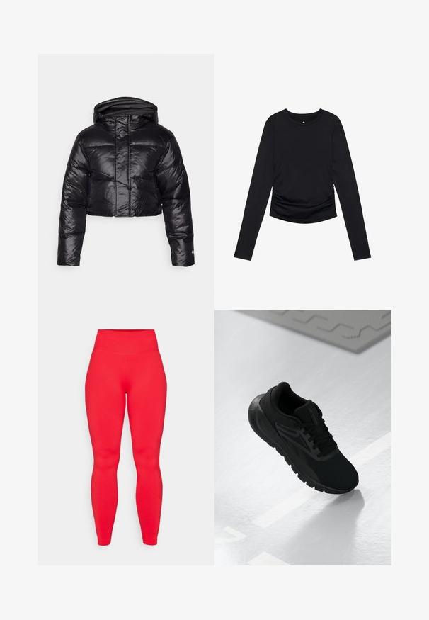 Fekete, fényes felületű, cropped pehelydzseki kapucnival és vízszintes steppelt mintával. Rugalmas mandzsettákkal és elöl cipzárral rendelkezik.; Fekete, hosszú ujjú felső, kerek nyakkivágással és ráncolt részletekkel az oldalán, sima fehér háttér előtt bemutatva.; Piros, magas derekú leggings, rugalmas anyagból készült, sima felülettel és olyan testhezálló kialakítással, amely a bokánál szűkül.; Fekete sportcipő, hálós felsőrésszel, kerek orral, párnázott talppal és textúrázott díszítésekkel, sima fehér felületen elhelyezve.
