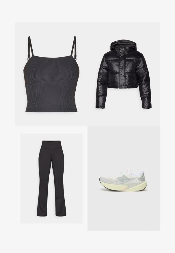 Chaqueta acolchada corta negra con un acabado brillante, capucha y patrón de acolchado horizontal. Cuenta con puños elásticos y un cierre frontal con cremallera.; Camiseta de tirantes delgados en color negro con textura acanalada y diseño ajustado, que presenta una textura suave y un escote recto.; Pantalones de yoga negros de campana, hechos de material elástico. Cintura alta, textura suave y sin patrones visibles ni detalles de herrajes.; Zapatilla de running ligera con una parte superior de malla gris y blanca, un prominente logo 'N' y una suela intermedia amarilla con acentos angulados. Suela exterior negra.