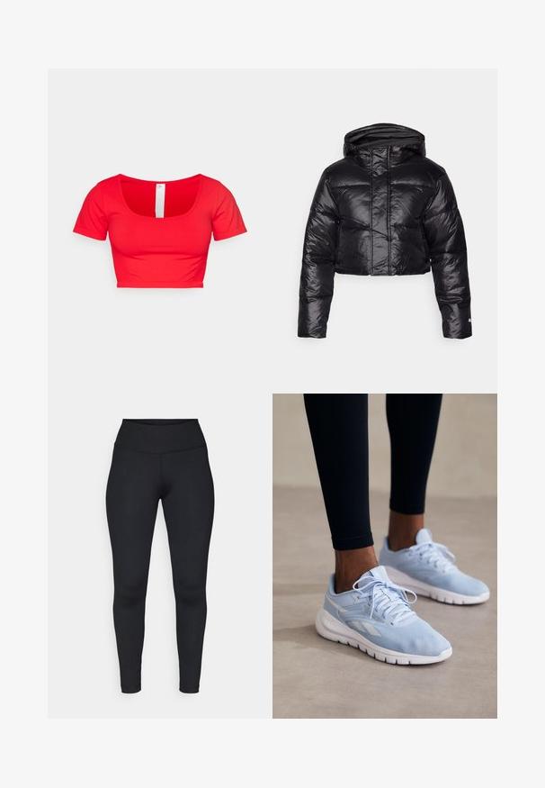 Giacca a vento nera corta con finitura lucida, cappuccio e motivo a quadri orizzontali. Presenta polsini elasticizzati e una zip frontale.; T-shirt rossa cropped a maniche corte, con scollatura a giro e tessuto morbido e elasticizzato. Design semplice senza motivi o decorazioni.; Leggings neri realizzati in tessuto elasticizzato, con vita alta, texture liscia e cuciture pulite senza modelli o elementi metallici visibili.; Sneakers sportivi azzurri chiari con tessuto in rete, colletto imbottito e suola bianca. Presentano lacci e strisce laterali in bianco a contrasto.