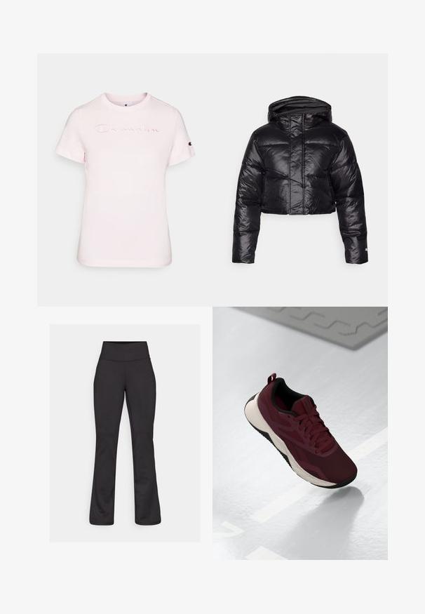 Lyhyempi musta untuvatakki, jossa on kiiltävä pinta, huppu ja vaakasuora tikkauskuvio. Varustettu elastisilla hihansuilla ja etuvetoketjulla.; Vaaleanpunainen puuvillainen t-paita lyhyt hihaisena, jossa on brodeerattu "Champion" logo edessä ja pieni logo hihassa.; Mustat leveälahkeet joogahousut, jotka on valmistettu joustavasta materiaalista. Korkea vyötärö, sileä pinta, eikä näkyviä kuvioita tai varusteita.; Maroon urheilukengät, joissa on verkkovuori, mustat yksityiskohdat ja pehmustettu valkoinen pohja. Varustettu nauhoilla suljettavalla systeemillä ja kantapään vetotukiremmillä.