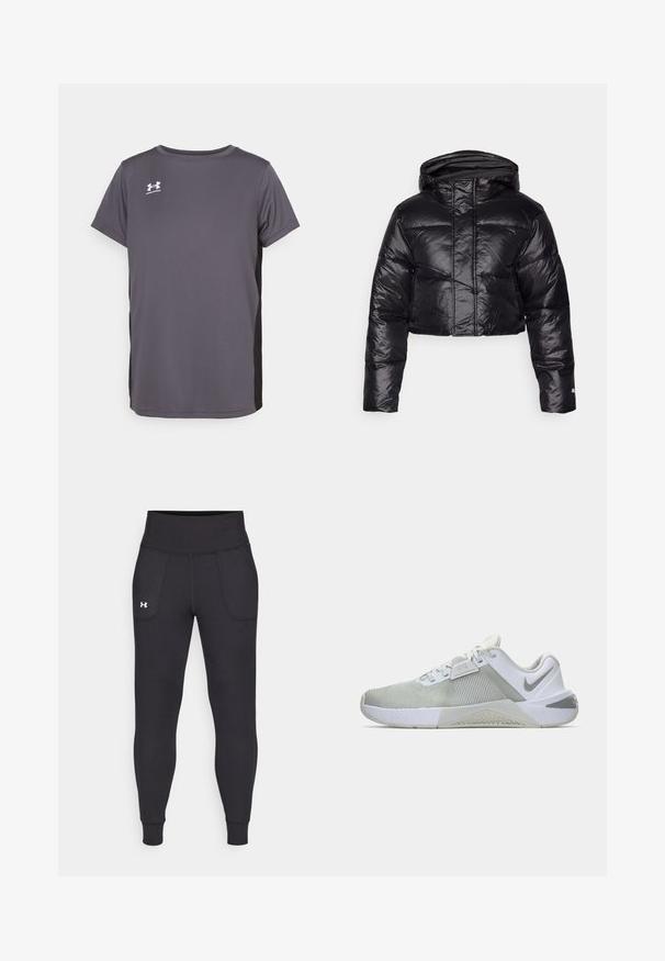 Kurt svart boblejakke med en blank finish, hette og horisontal quiltet mønster. Har elastiske mansjetter og glidelås foran.; Grå treningst-skjorte laget av lett stoff, med korte ermer, rund hals og en kontrasterende svart sidelogo. Logo på brystet.; Svarte sportsleggings laget av elastisk materiale, med høy midje, sidelommer og tettsittende mansjetter ved ankelen.; Hvite og grå treningssko med teksturert stoff, polstret krage og gummiyttersåle. Har en logo på siden og dimensjonale detaljer på overdelen.