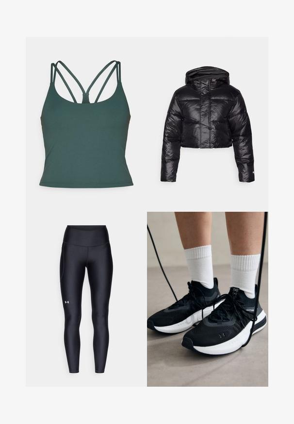 Skrajšano črno napihnjeno jakno s sijočim zaključkom, kapuco in vodoravno quiltano strukturo. Ima elastične manšete in sprednji zadrgo.; Fabletics PRINCIPAL BUILT IN BRA TANK - Top - everpine; Črne pajkice iz gladkega, elastičnega materiala z visokim pasom. Imajo bel logotip na levem stegnu in oprijet kroj.; Črne športne čevlje z strukturirano tkanino, belo podplatom in črnimi vezalkami. Nosi se z belimi rebrastimi nogavicami, stoje na svetli površini.