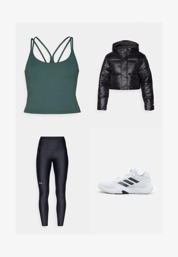 Fekete, fényes felületű, cropped pehelydzseki kapucnival és vízszintes steppelt mintával. Rugalmas mandzsettákkal és elöl cipzárral rendelkezik.; Fabletics PRINCIPAL BUILT IN BRA TANK - Felső - everpine; Fekete leggings sima, rugalmas anyagból, magas derékkal. Bal combján fehér logó található, és testhezálló kialakítású.; Fehér sportcipő, hálós felsőrésszel, az oldalon három fekete csíkkal, textúrázott részletekkel és egy tartós gumi talppal, amelynek ellentétes fekete szakasza van.