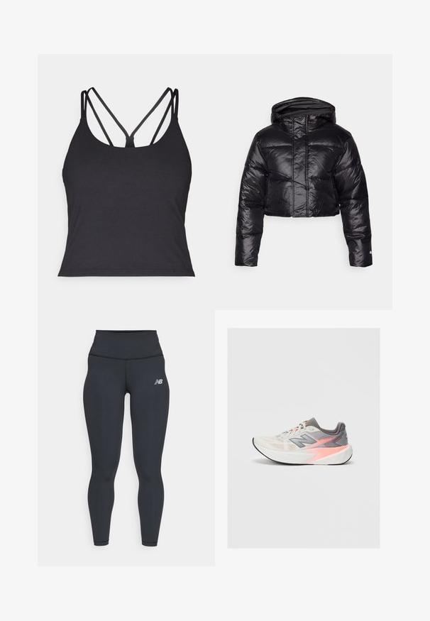 Veste doudoune noire courte avec une finition brillante, une capuche et un motif matelassé horizontal. Dispose de poignets élastiques et d'une fermeture éclair à l'avant.; Débardeur noir avec de fines bretelles et un design croisé dans le dos. Fabriqué en matériau doux et extensible avec une silhouette ajustée.; Leggings de sport noirs avec une taille haute, possédant une texture lisse et un petit logo blanc New Balance sur la cuisse.; Baskets de course New Balance grises claires et roses avec une épaisse semelle blanche et une semelle extérieure noire, vue de côté sur fond uni.