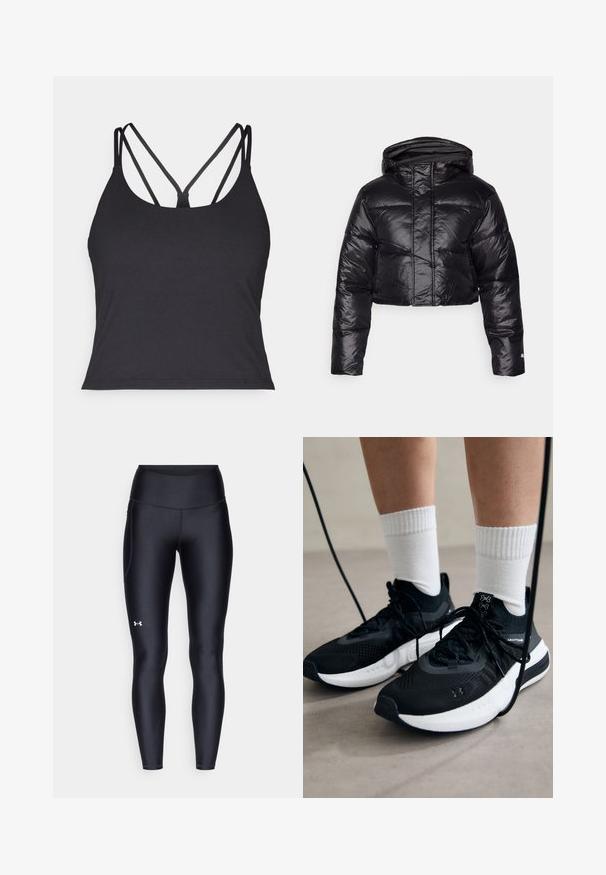 Avskuren svart pufferjacka med en glänsande yta, huva och horisontell quiltad mönstring. Har elastiska ärmslut och dragkedja framtill.; Svart linne med tunna axelband och ett korslagt mönster på baksidan. Tillverkat av mjukt, elastiskt material med en figurnära silhuett.; Svarta leggings i ett smidigt, stretchigt material med hög midja. Har en vit logotyp på vänstra låret och en åtsittande design.; Svarta sportskor med texturerat tyg, vit sula och svarta snören. Bärs med vita reglerade strumpor, stående på en ljus yta.