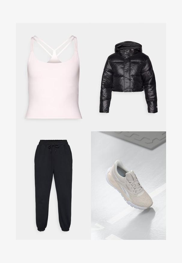 Veste doudoune noire courte avec une finition brillante, une capuche et un motif matelassé horizontal. Dispose de poignets élastiques et d'une fermeture éclair à l'avant.; Fabletics PRINCIPAL BUILT IN BRA TANK - Débardeur - sugar pink; Pantalons de survêtement noirs en tissu doux, dotés d'une ceinture élastique avec cordon de serrage, de poches latérales et de poignets élastiques au niveau des chevilles.; Chaussure de sport beige clair avec une tige perforée, des accents texturés, un col rembourré et une semelle en caoutchouc blanche, conçue pour le confort et la respirabilité.