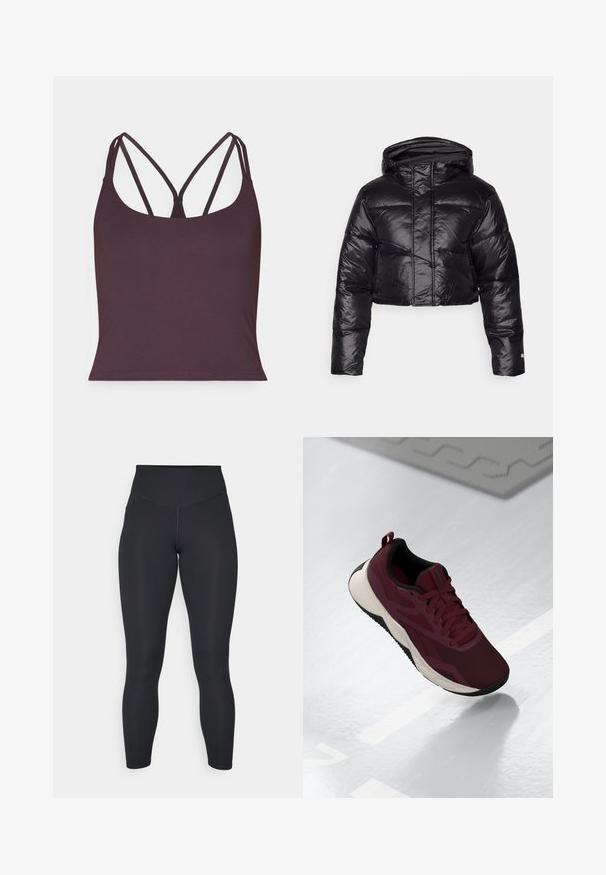 Veste doudoune noire courte avec une finition brillante, une capuche et un motif matelassé horizontal. Dispose de poignets élastiques et d'une fermeture éclair à l'avant.; Débardeur violet foncé en tissu lisse avec de fines bretelles doubles et un col arrondi. Ourlet sans coutures au bas.; Leggings noirs à taille haute, texture douce et coupe ajustée. Présentent des coutures plates et une couverture intégrale sans motifs.; Chaussure de sport bordeaux avec dessus en maille, accents noirs et semelle blanche rembourrée. Présente un système de laçage et une languette au talon.