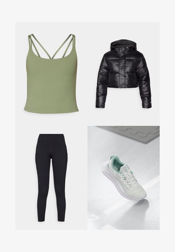 Giacca a vento nera corta con finitura lucida, cappuccio e motivo a quadri orizzontali. Presenta polsini elasticizzati e una zip frontale.; Canottiera verde oliva dal design aderente, con spalline sottili e regolabili e una trama liscia e elastica. Stile minimalista senza motivi.; Leggings neri a vita alta realizzati in materiale elasticizzato, con una texture liscia e un design aderente che si estende fino alle caviglie.; Scarpa sportiva grigio chiaro con tomaia in maglia testurizzata, dettagli verde menta, lacci bianchi, suola in gomma e linguetta sul tallone.