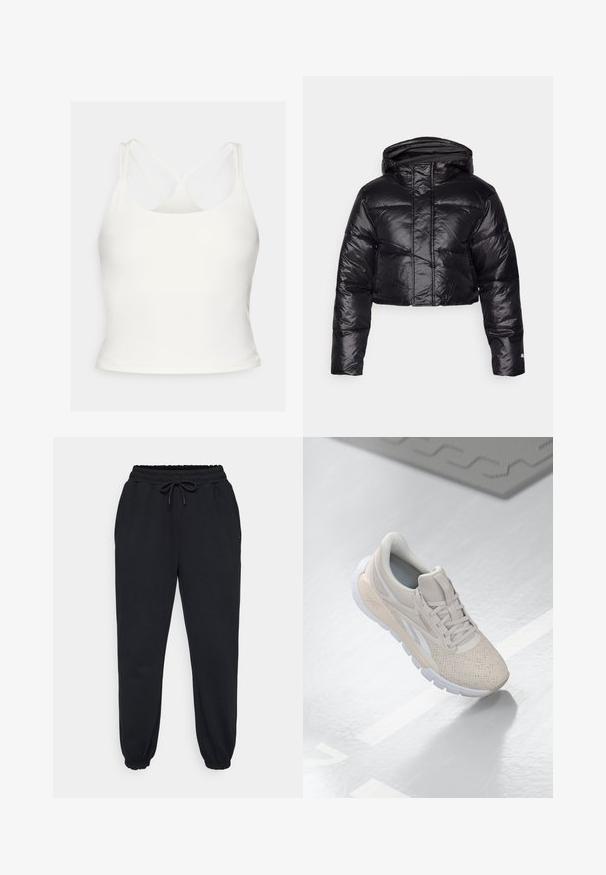 Cropped black puffer jacket with a shiny finish, a hood, and horizontal quilted pattern. Features elastic cuffs and a front zipper.; Fabletics PRINCIPAL BUILT IN BRA TANK - Top - bone; Black sweatpants made from soft fabric, featuring an elastic waistband with drawstring, side pockets, and elastic cuffs at the ankles.; Light beige athletic shoe with a perforated upper, textured accents, padded collar, and white rubber sole, designed for comfort and breathability.