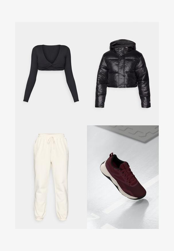 Afskåret sort pufferjakke med en blank finish, hætte og horisontal quiltet mønster. Har elastiske manchetter og en frontlynlås.; Sort langærmet cropped top med dyb V-hals og snoet frontdesign, lavet af glat, strækbart materiale.; Cremefarvede sweatpants lavet af blødt stof, med en elastisk talje med snøre, sidelommer og snævre cuffs ved anklerne.; Bordeaux atletiske sko med mesh-overdel, sorte accents og en polstret hvid sål. Har snørebåndslukning og en løkke ved hælen.