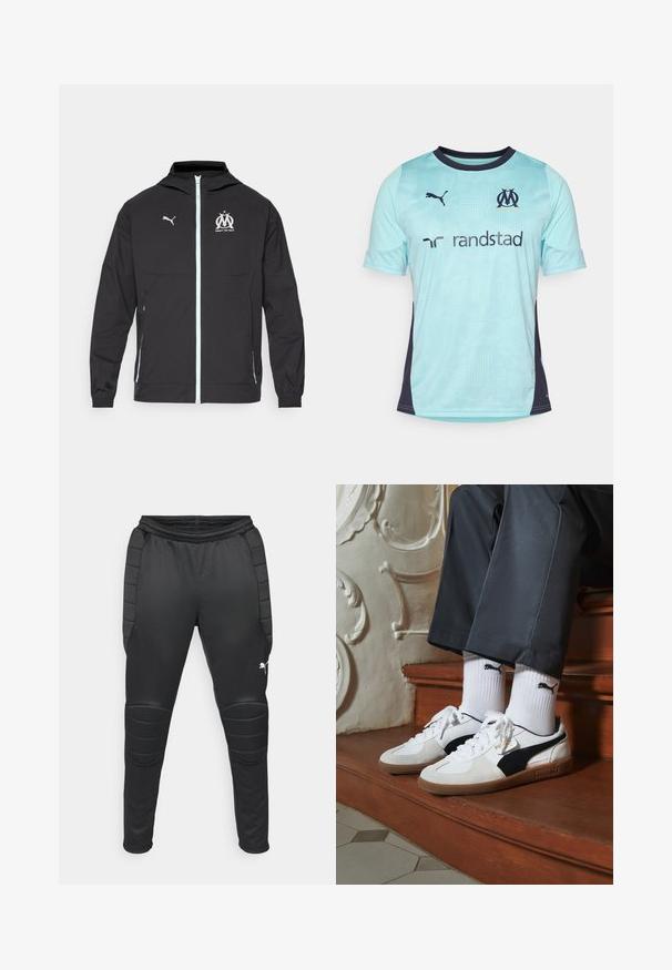Črna lahka jakna s kapuco, ki ima sprednji zadrgo, belo Puma logo in Marseille dizajn na prsih, elastične manšete in stranske žepke.; Svijetloplava kratkosleeve nogometna majica s tamnoplavim naglascima, s teksturiranim uzorkom, okruglim izrezom i logotipima na prsima i rukavima.; Črne športne hlače z oblazinjenimi kolenskimi paneli, zategnjenim dizajnom, elastičnim pasom in Puma logotipom na spodnjem levem delu noge. Gladka tekstura.; Puma superge v beli in črni usnjeni izvedbi, sročene s rjavim gumijastim podplatom. Usklajene z belimi nogavicami z črnim logotipom, nosijo se s temnimi hlačami.