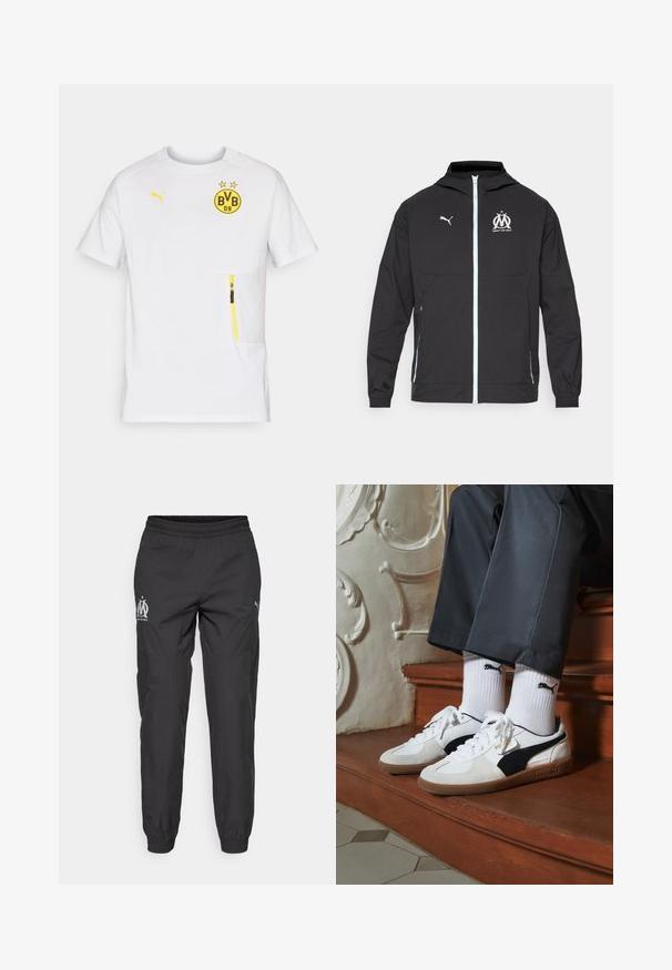Czarna, lekka kurtka z kapturem, z zamkiem błyskawicznym z przodu, białym logo Pumy i wzorem Marsylii na piersi, elastycznymi mankietami i bocznymi kieszeniami.; Biała koszulka sportowa z krótkim rękawem, z żółtym logo BVB, żółtymi akcentami oraz zamkniętą kieszenią z przodu po lewej stronie. Wykonana z lekkiego materiału.; Czarne sportowe spodnie wykonane z lekkiego materiału. Posiadają elastyczny pas, boczne kieszenie oraz szare logo po obu stronach.; Sneakers Puma w białym i czarnym zamszu, z brązową gumową podeszwą. W połączeniu z białymi skarpetkami z czarnym logo, noszone z ciemnymi spodniami.
