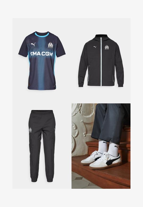 Svart lett jakke med hette, med glidelås foran, hvit Puma-logo og Marseille-design på brystet, elastiske mansjetter og sidelommer.; Marineblå sportsdrakt med lyseblå aksenter, med Puma-logo, et lagemblem og et grafisk mønster med horisontale linjer.; Svarte treningse pants laget av lett materiale. Har elastisk midje, sidelommer og logoer i grått på hver side.; Puma-sneakers i hvitt og svart semsket skinn, med en brun gummisåle. Kombinert med hvite sokker med en svart logo, båret med mørke bukser.