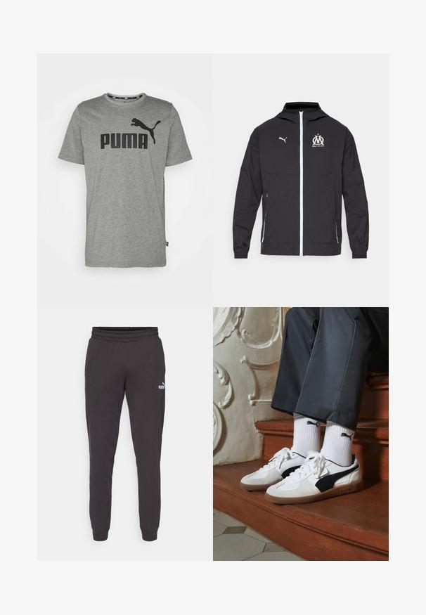 Svart lätt jacka med huva, med dragkedja fram, vit Puma-logotyp och Marseille-design på bröstet, elastiska manschetter och sidofickor.; Grå bomulls t-shirt med en svart "PUMA" logotyp och en hoppande puma-grafik på bröstet. Kort ärm och rundad halsringning.; Mörkgrå träningsbyxor med elastisk midja, avsmalnande ben och en liten vit Puma-logotyp på vänster lår. Mjukt material i bomullsblandning.; Puma-sneakers i vit och svart mocka, med en brun gummisula. Kombinerade med vita strumpor som visar upp en svart logotyp, bärs tillsammans med mörka byxor.