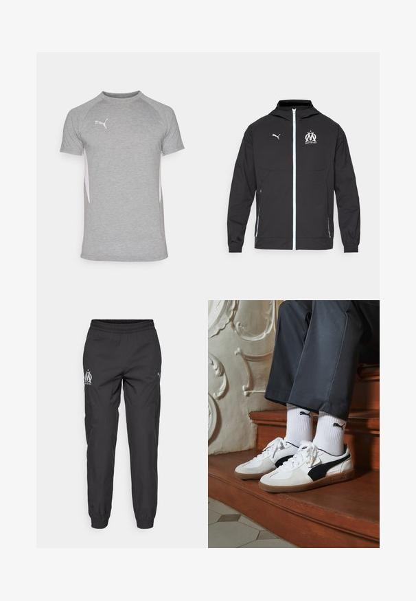 Black lightweight jacket with a hood, featuring a front zipper, white Puma logo, and Marseille design at chest, elastic cuffs, and side pockets.; Gray athletic t-shirt with short sleeves, featuring a crew neckline and white side panels. Logo on the upper left chest.; Black athletic pants made of lightweight fabric. Features an elastic waistband, side pockets, and logos in grey on each side.; Puma sneakers in white and black suede, featuring a brown rubber sole. Paired with white socks displaying a black logo, worn with dark pants.