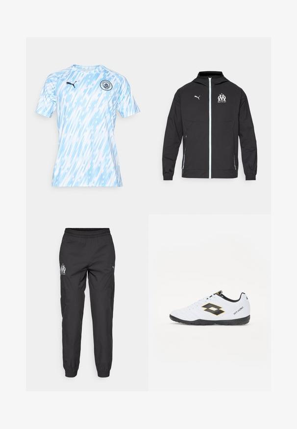 Črna lahka jakna s kapuco, ki ima sprednji zadrgo, belo Puma logo in Marseille dizajn na prsih, elastične manšete in stranske žepke.; Majica za nogomet s kratkimi rokavi, svetlo modre barve, z diagonalnim vzorcem, črnim logotipom Puma in grbom Manchester City na prsih. Tkanina, ki odvaja vlago.; Črne športne hlače iz lahkega materiala. Imajo elastičen pas, stranske žepe in sivo logotipiranje na vsaki strani.; Bele športne čevlje z črnimi in rumenimi detajli, z teksturiranim zgornjim delom, okroglo konico in črnim gumijastim podplatom. Oblikovanje vključuje logotip na strani.